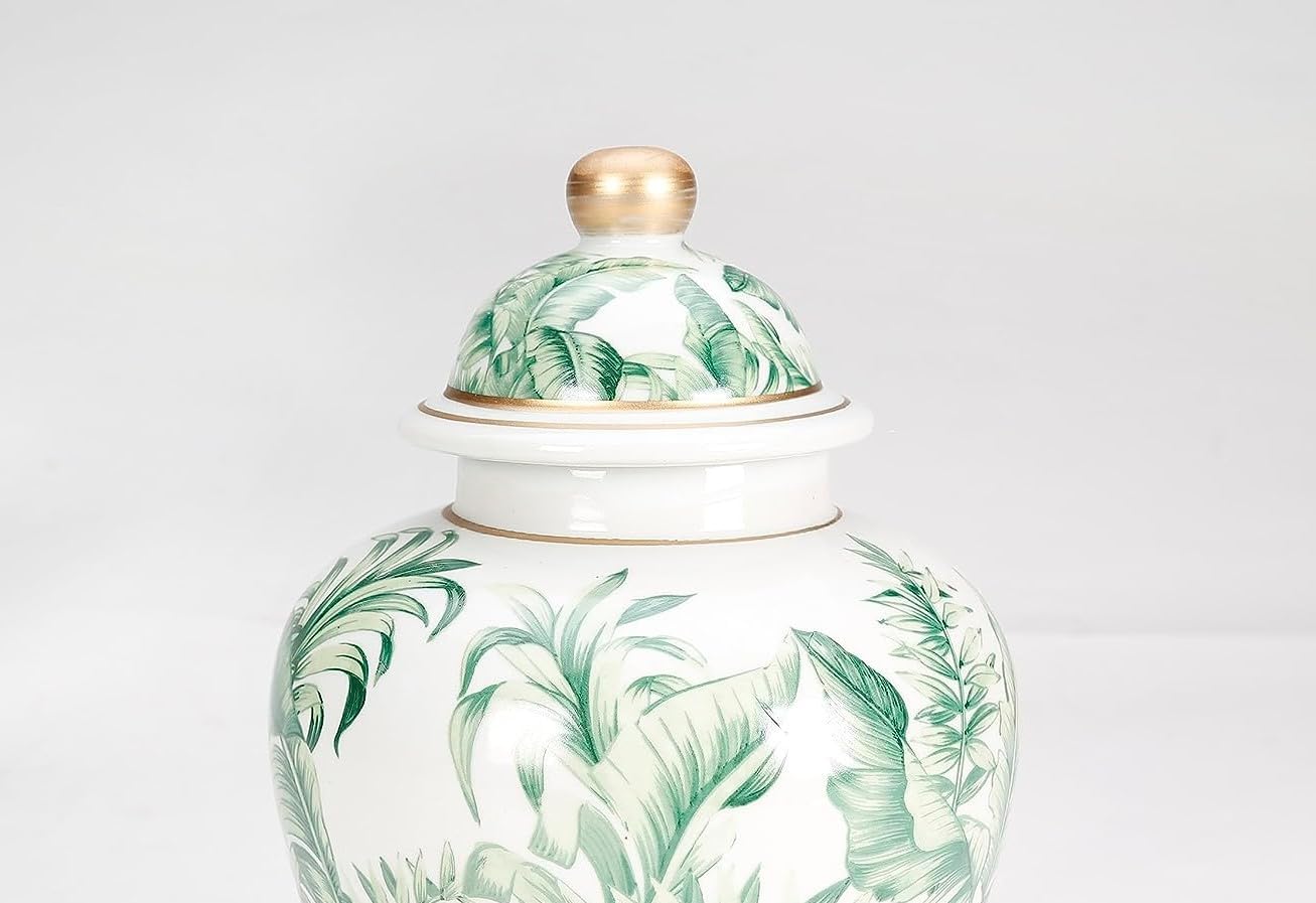 AAI Tropical Leaf Porcelain Ginger Jar, Green