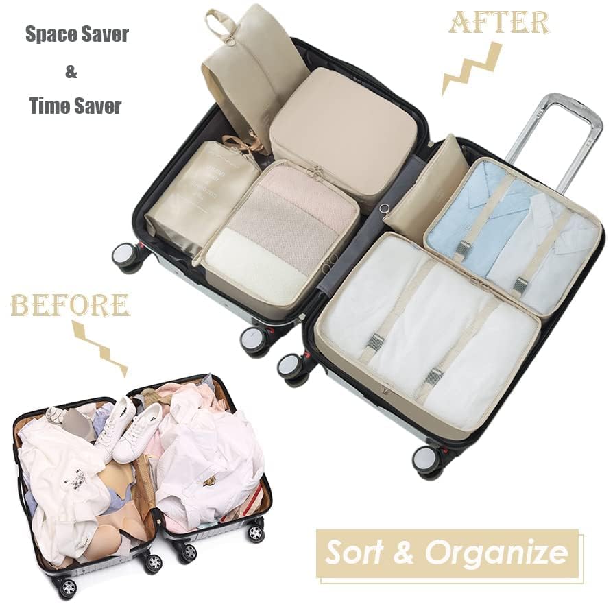 Image of Travel Packing Cubes 7 Pcs Compression Luggage Organiser (Beige)