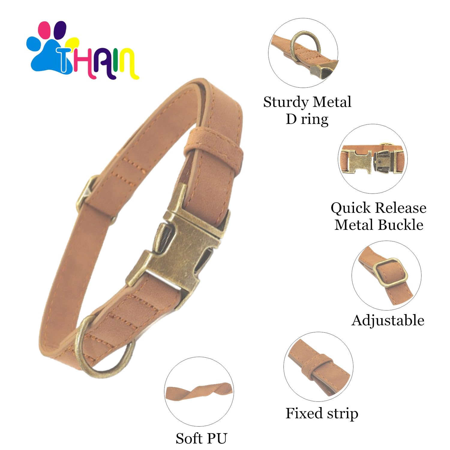 THAIN Soft Leather Dog Collar, Heavy Duty Metal Buckle Padded Dog Collar Quick Release - Image 2