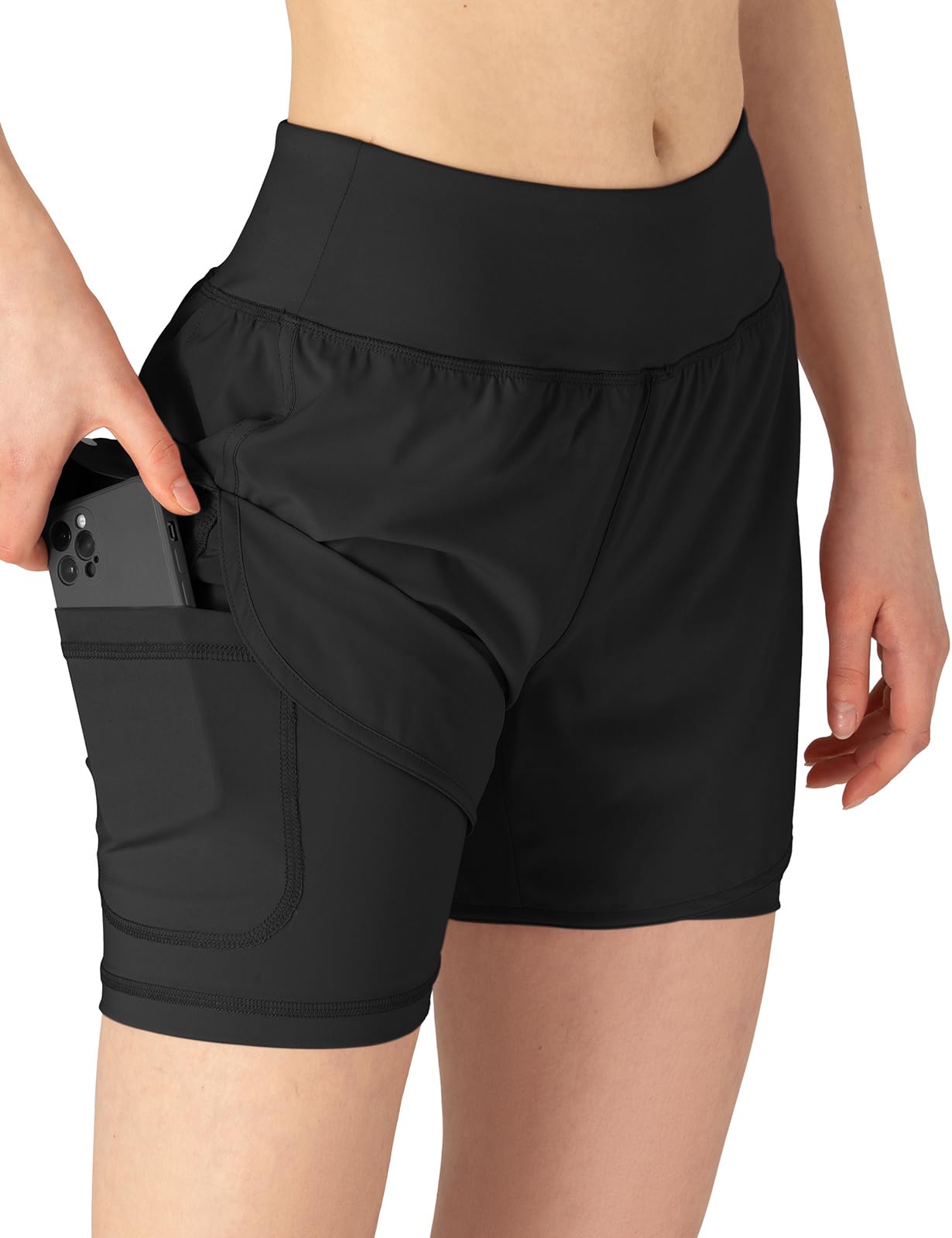 donhobo Short de sport d'été 2 en 1 pour femme - Séchage rapide - Pour fitness, yoga, jogging, entraînement L Noir