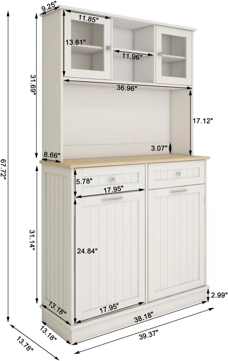 Kitchen Pantry Cabinet, 67.7" Tall Kitchen Trash Can Storage Cabinet 2 Drawers, Freestanding Tilt-Out Trash Can Cabinet 10 Gallon, Microwave Coffe Bar