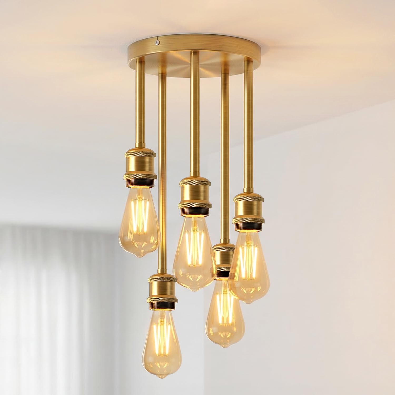 ANWIO Vintage Ceiling Pendant Light Fitting,5 Way Industrial Kitchen Light Fittings with E27 Lamp Holder,Hallway Drop Lights for Kitchen Island Dining Table Bedroom Living Room,Gold (NO Bulbs)