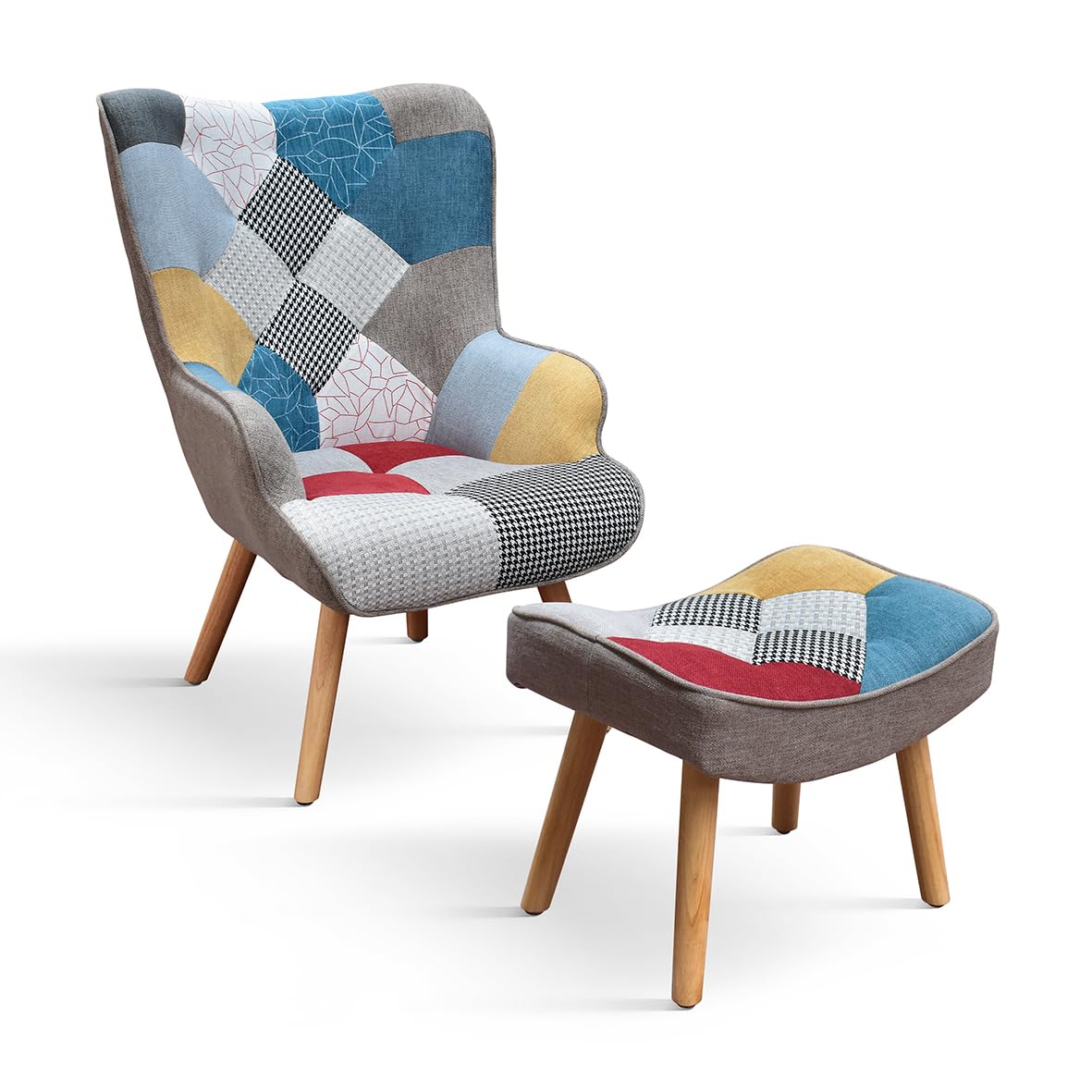 PAZZO DESIGN Sillón Armando, juego de 1, multicolor, tela, relajante, lectura, cómodo, patas de madera, con reposapiés, id_2126