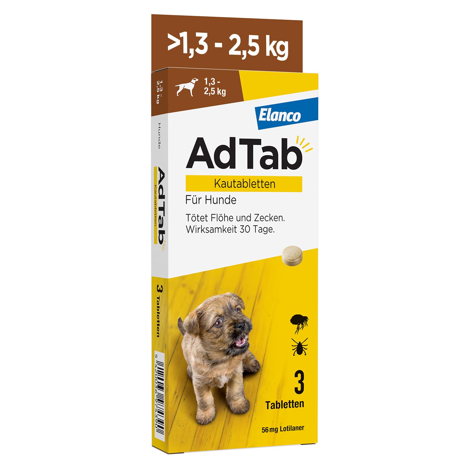 AdTab Kautablette – Zecken- und Flohschutz für Hunde (1,3–2,5 kg)