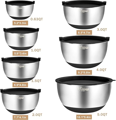 Miniatura 6 de Wildone Cuencos para mezclar con tapas herméticas, 27 cuencos de acero inoxidable, con 3 accesorios de rallador, marca de escala y parte inferior