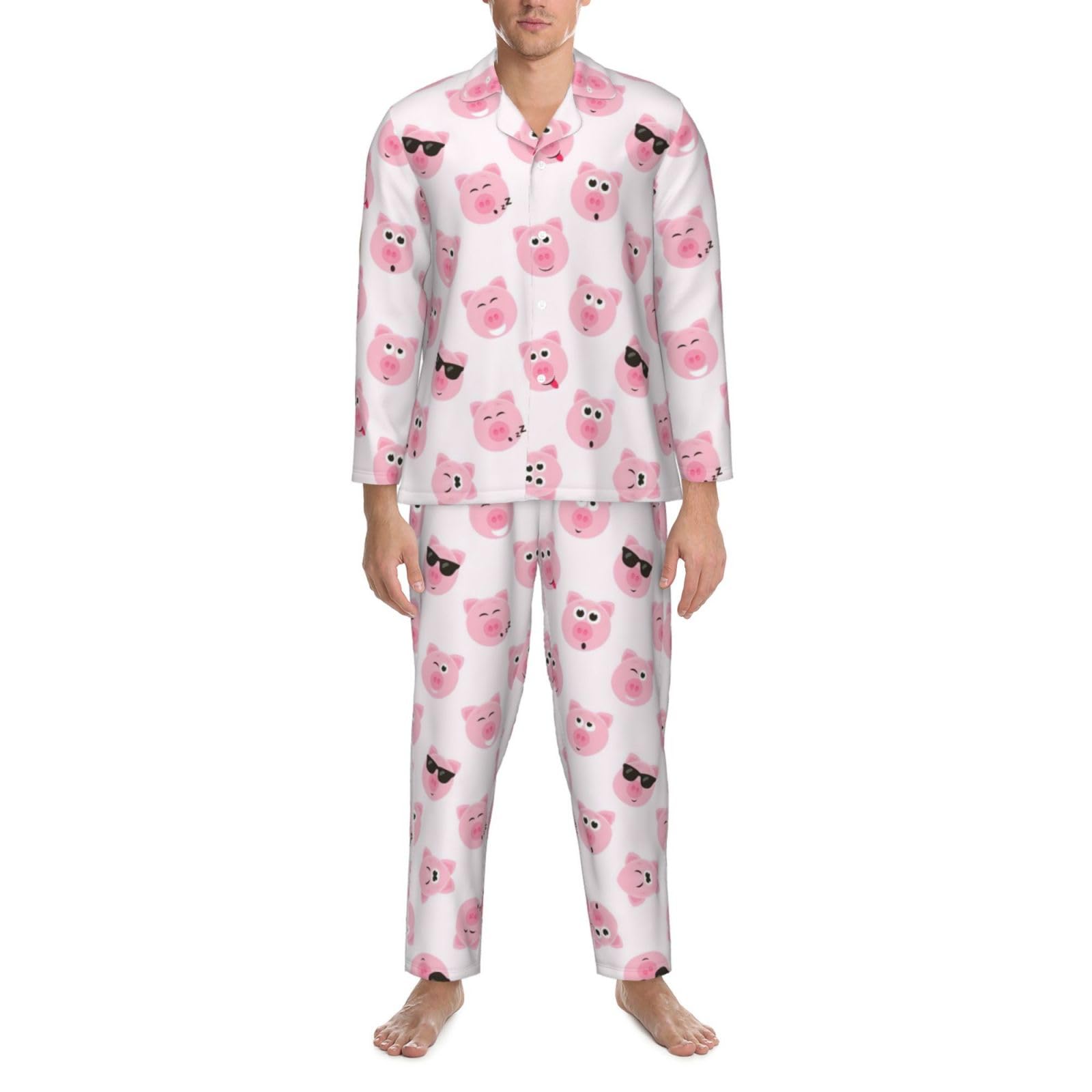 Conjunto de pijama divertido con estampado de cara de cerdo rosa para hombre, pijama suave de manga larga con botones y bolsillos