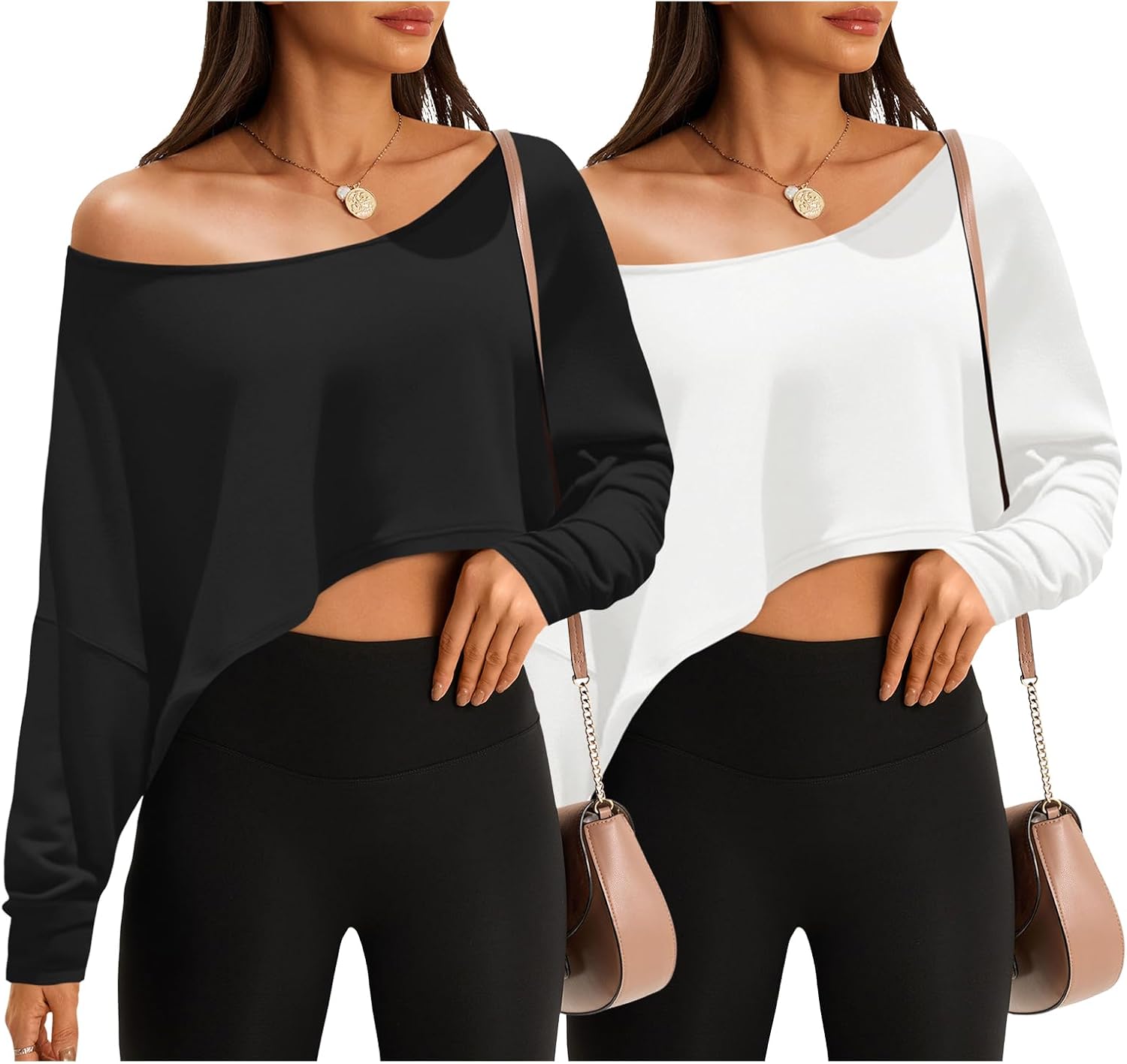 Fisoew Womens Off The Shoulder Cropped Tops Batwing Long Sleeve Loose Fit Summer Boat Neck Workout T Shirts