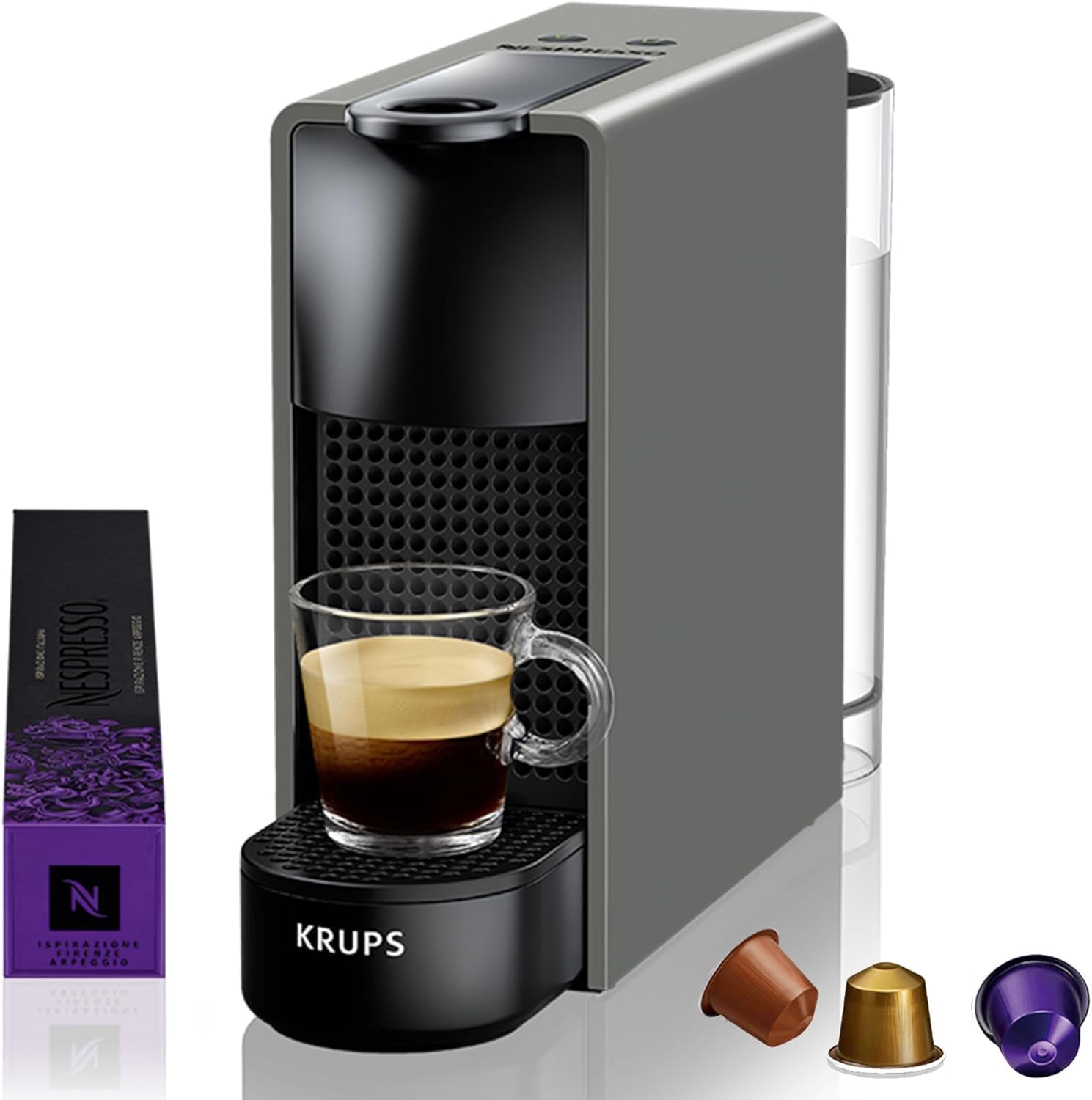 Nespresso Krups Essenza Mini XN110B - Cafetera monodosis de cápsulas Nespresso, compacta, 19 bares, apagado automático, color gris