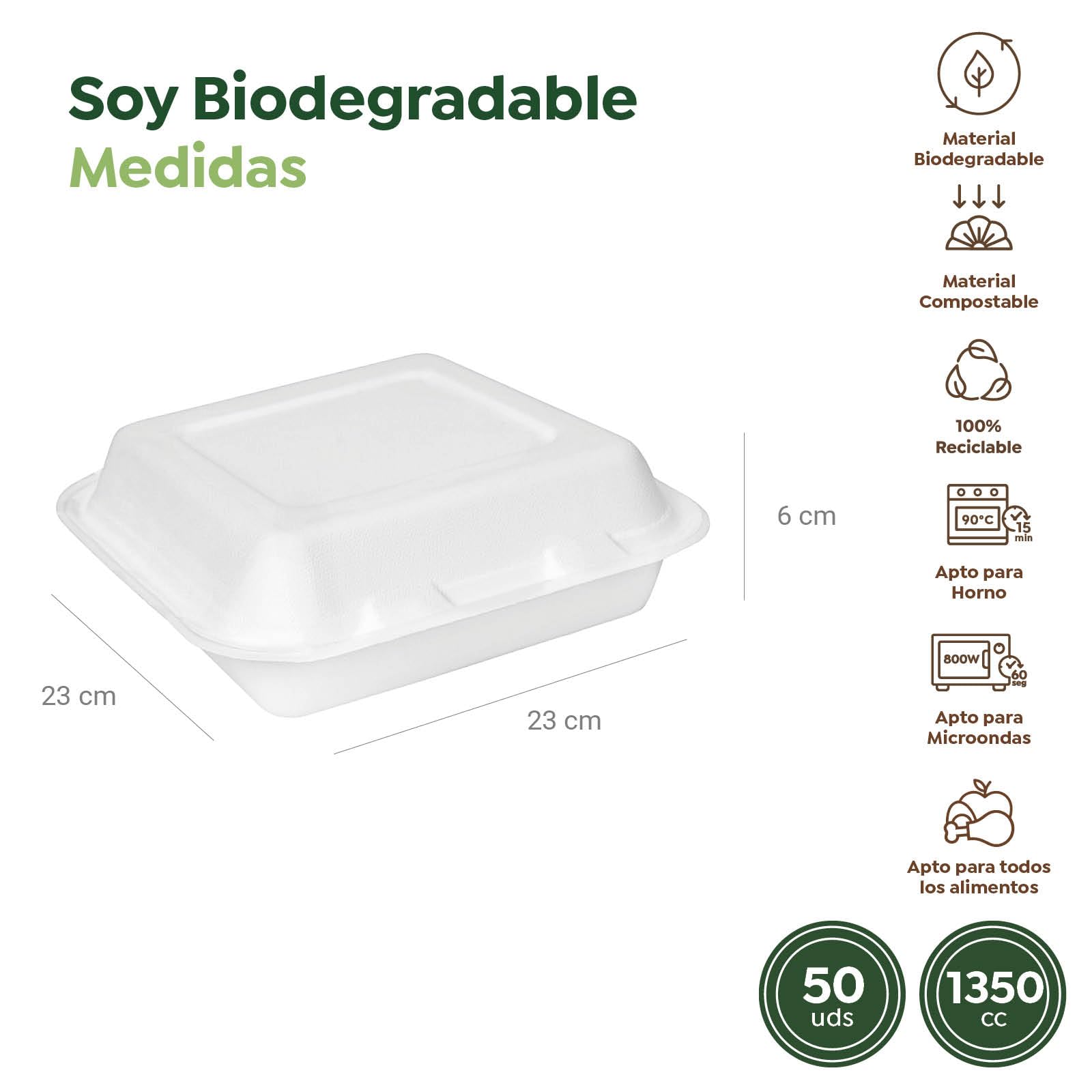 MAXI PRODUCTS - Envase Caña de Azúcar Comida para Llevar - Envase Hamburguesa y Portamenús - Táper con Compartimentos para Comida - APTO PARA MICROONDAS (23 x 23 x 6 cm, 50 unidades)
