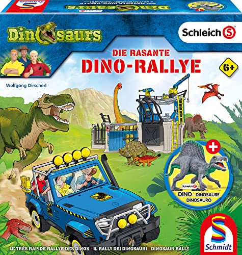 Schmidt Spiele rasante Dino Rallye, Dinosaurs, mit Original Schleich Figur, Kinderspiel, 40623, Bunt