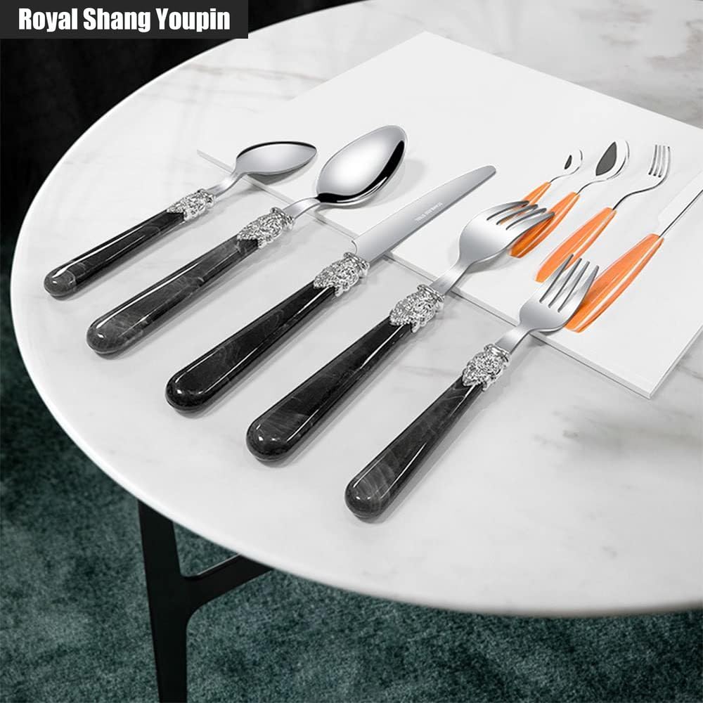 Marmo Manico Argenteria Stoviglie Set Acciaio Inox Posate Bistecca Tavolo Coltello Forchetta Cucchiaio Frutta Cucchiaino (Bianco,20 pezzi)