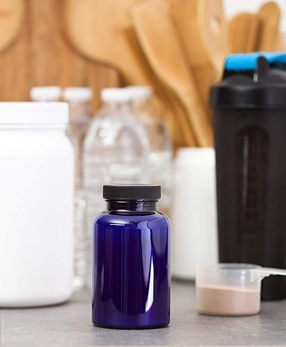 Miniatura 4 de JUVITUS Paquete de 6 botellas de plástico PET cobalto de 8 onzas con tapa acanalada negra + etiquetas