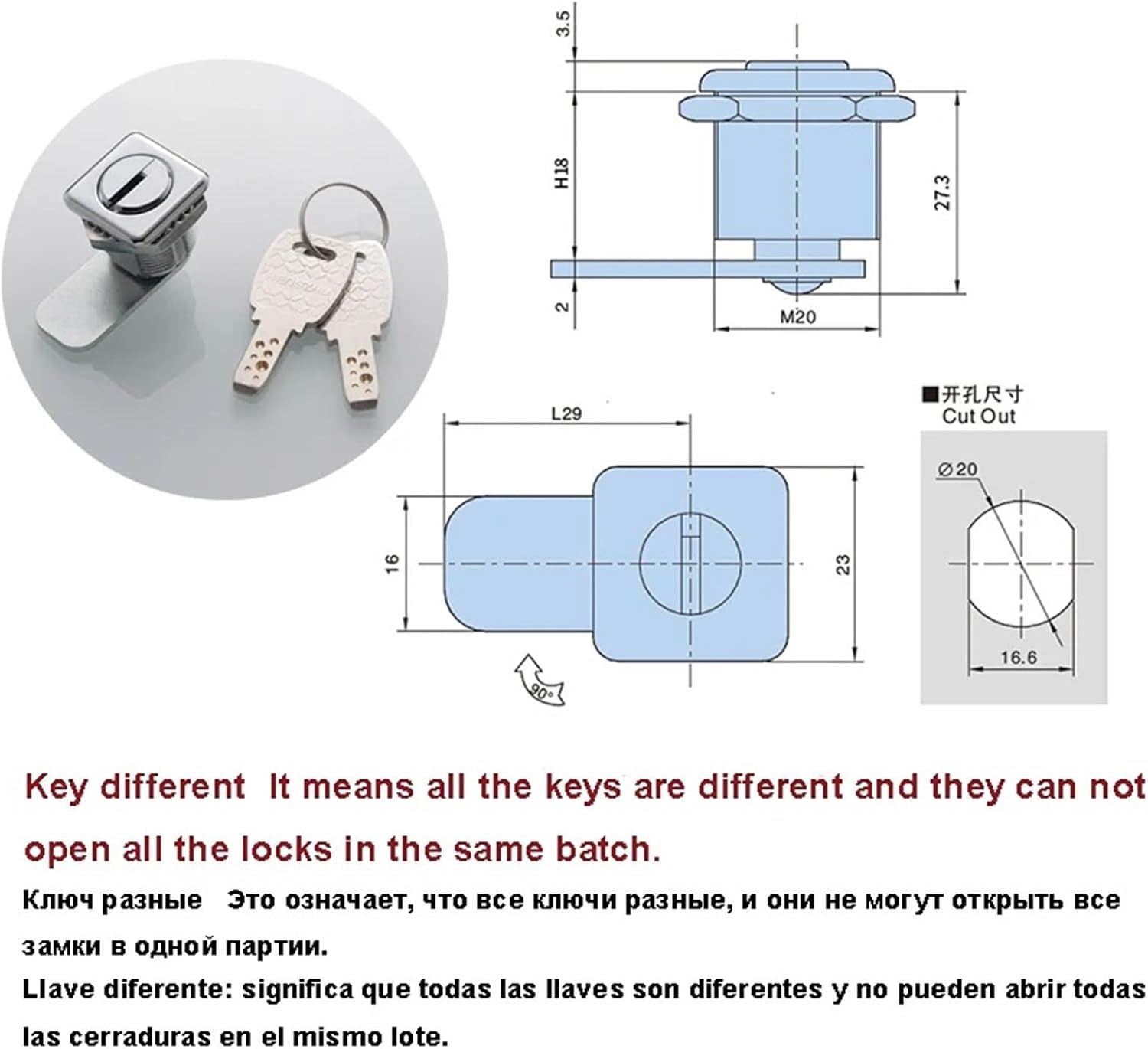 Square Cinet Cam Lock 2 Computer Keys for Mail Box School Locker Office Drawer Hardware MS549 I 1Pcs(MMS549-1)