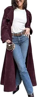 utcoco Womens Faux Suede Long Trench Coat Notched Lapel Double Breasted Pea Coat Overcoat with Belt