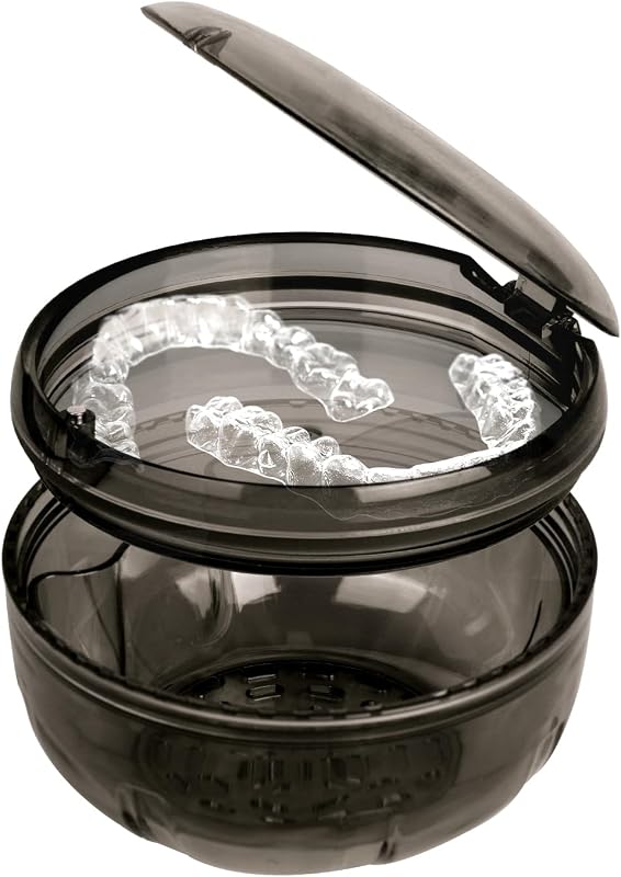 Retainer Cleaner Case,Double Layer Denture Cup for Soaking | Top with Vent Holes,Denture Bath for Invisalign Aligner,Retainers,Mouth Guard,Night Guard(Black)