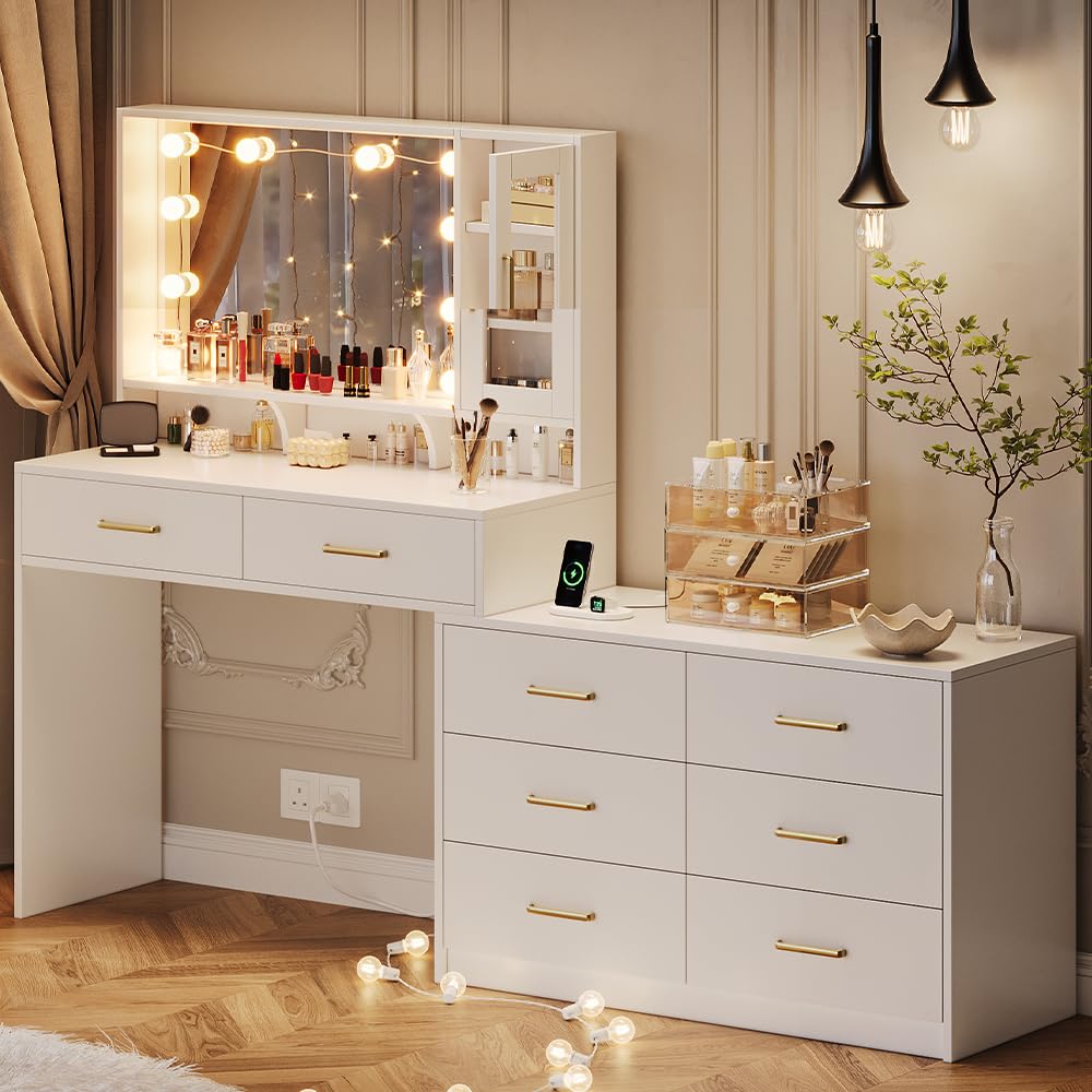 UGTOO Makeup Vanity Desk with Mirror and Lights, 59" Makeup Desk with Drawers & Cabinet & Dresser, Large Vanity Table with 8 Drawers, Vanity Desk with