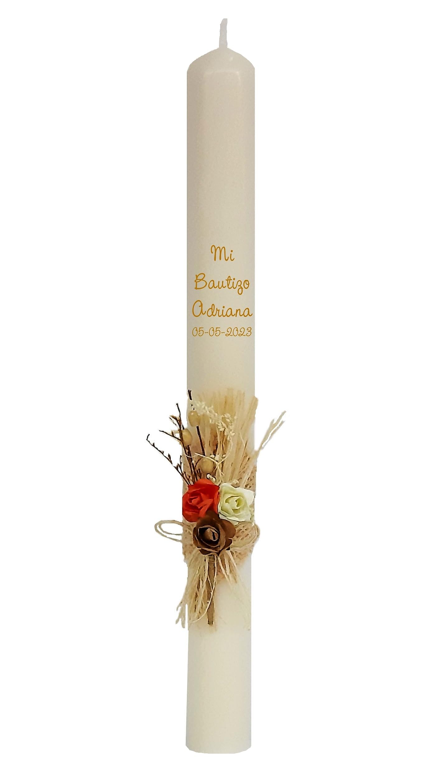 Vela/Cirio de bautizo de CERA BEIG decorada con pick floral rústico para niño/a (RUSTICO)