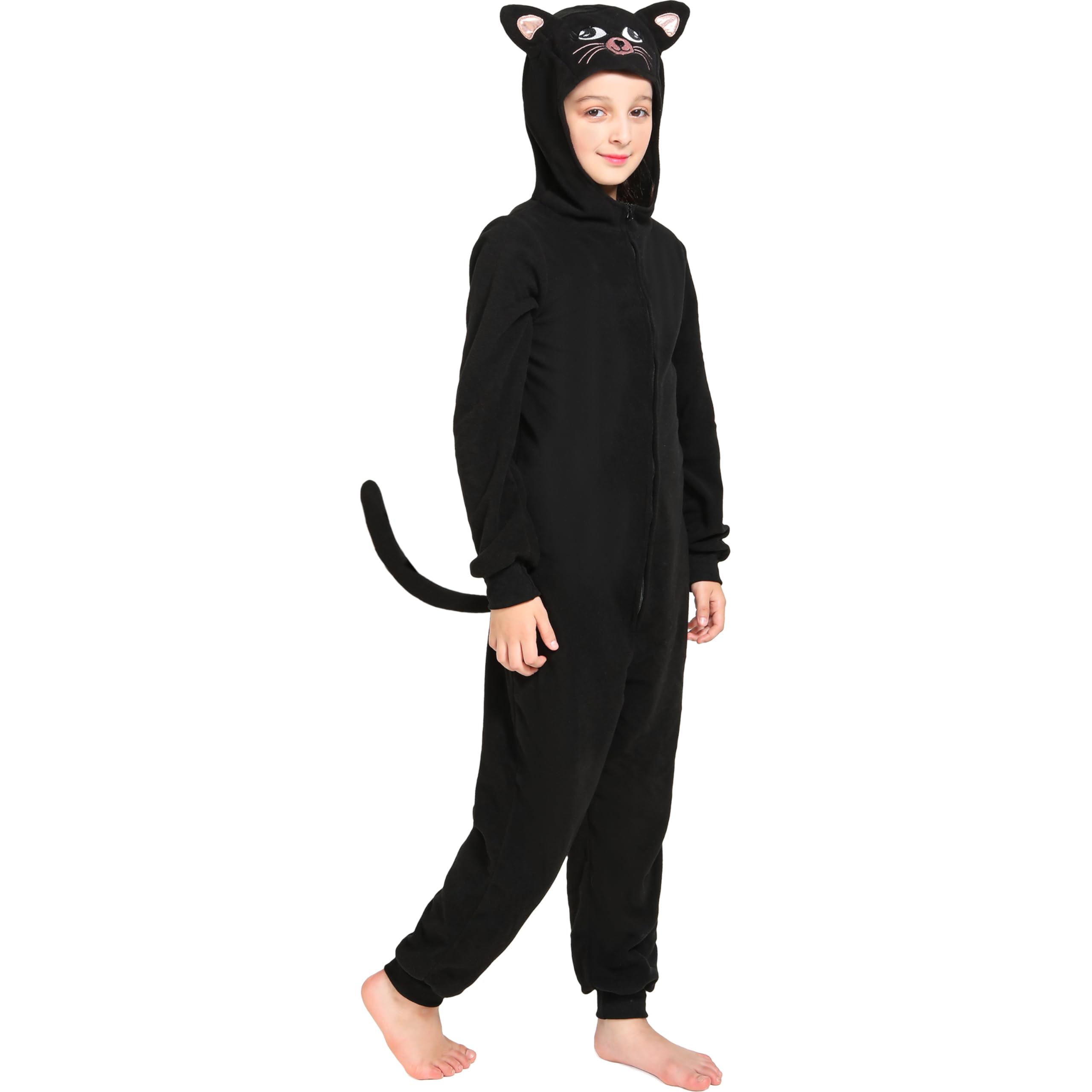Wizland Black Cat Costume for Kids Girls,Halloween Animal Onesie Suit with Tail Ears,Furry Kitty Costume Set for Unisex Child and Toddler 10-12
