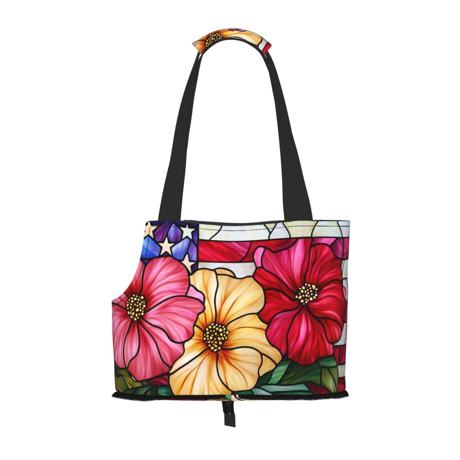 Stained Glass American Flag Flowers Pet Sling Carrier for Small Dog Cats Puppy Portable Tote Bag Pouch for Outdoor Travel Hiking