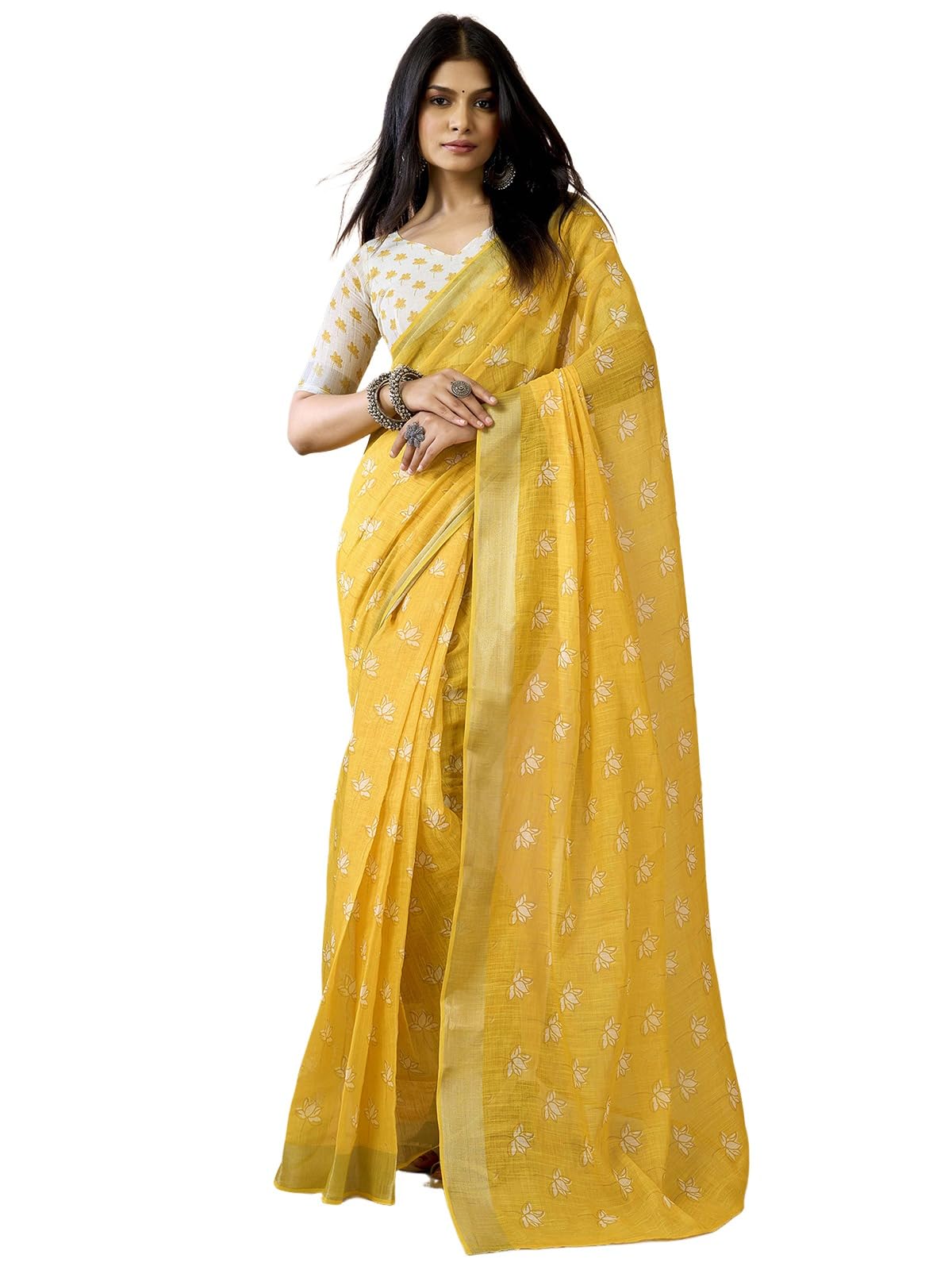 satrani Women's Linen Printed & Zari Border Ready To Wear One Minute Pre Stitched Saree with Unstitched Blouse Piece-picture-29