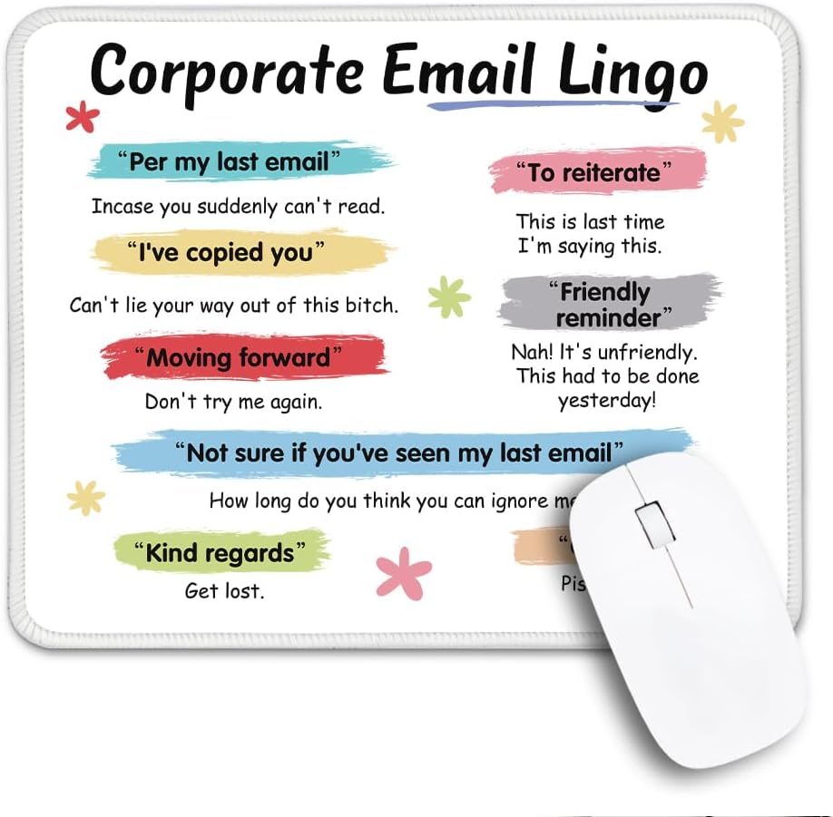 Corporate Email Lingo Non-Slip Mouse Pad with Stitched Edge, Funny Coworker Leaving Gifts for Colleague Work Bestie, Corporate Gift for Boss Manager HR, Office Desk Accessories Gifts