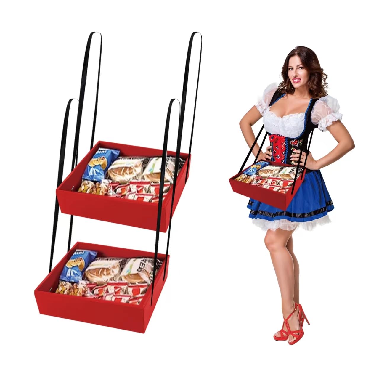 2 Pcs Wearable Usherette Trays, 20's Theme Costume Accessory, Hands-Free Movie Snack & Halloween Popcorn Trays, Collapsible Hawker Tray for Stadium & Parties, 12.6 x 11 x 3.2 in, Red โ image 1