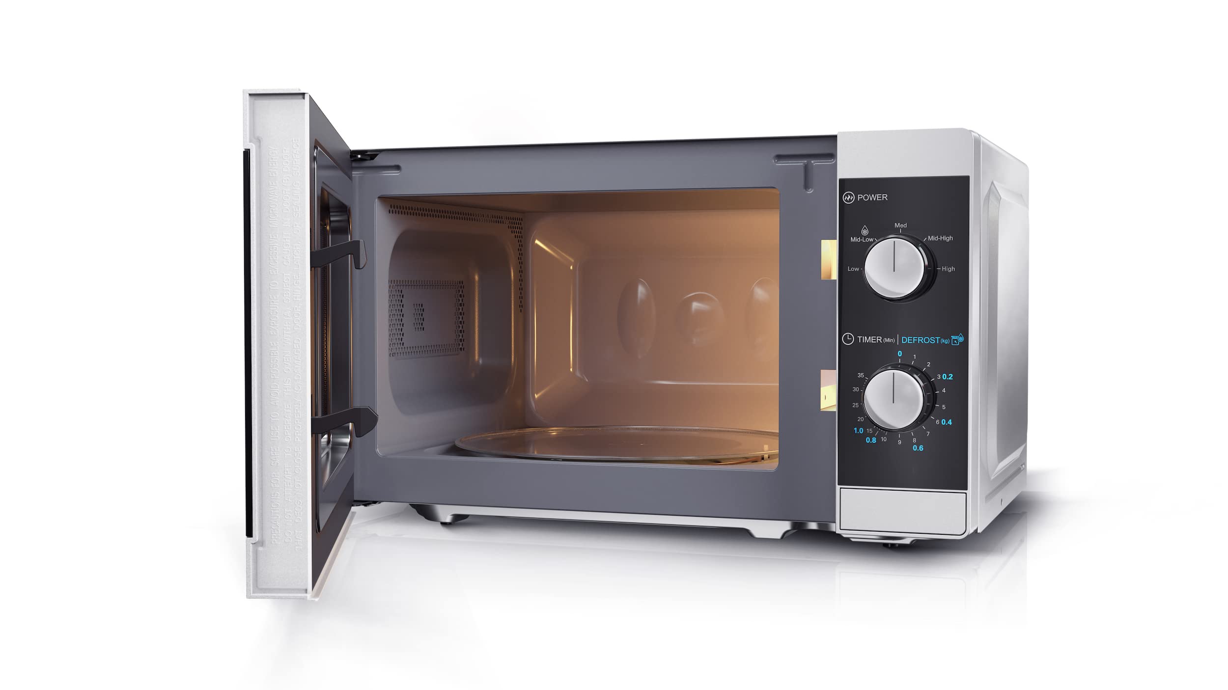 SHARP MS01E Mikrowelle (Mikrowelle: 800W, 5 Leistungsstufen, Auftaufunktion, Abmessungen: 440x258x344cm), silber | 800W, 5 Leistungsstufen, Drehregler, Drehteller
