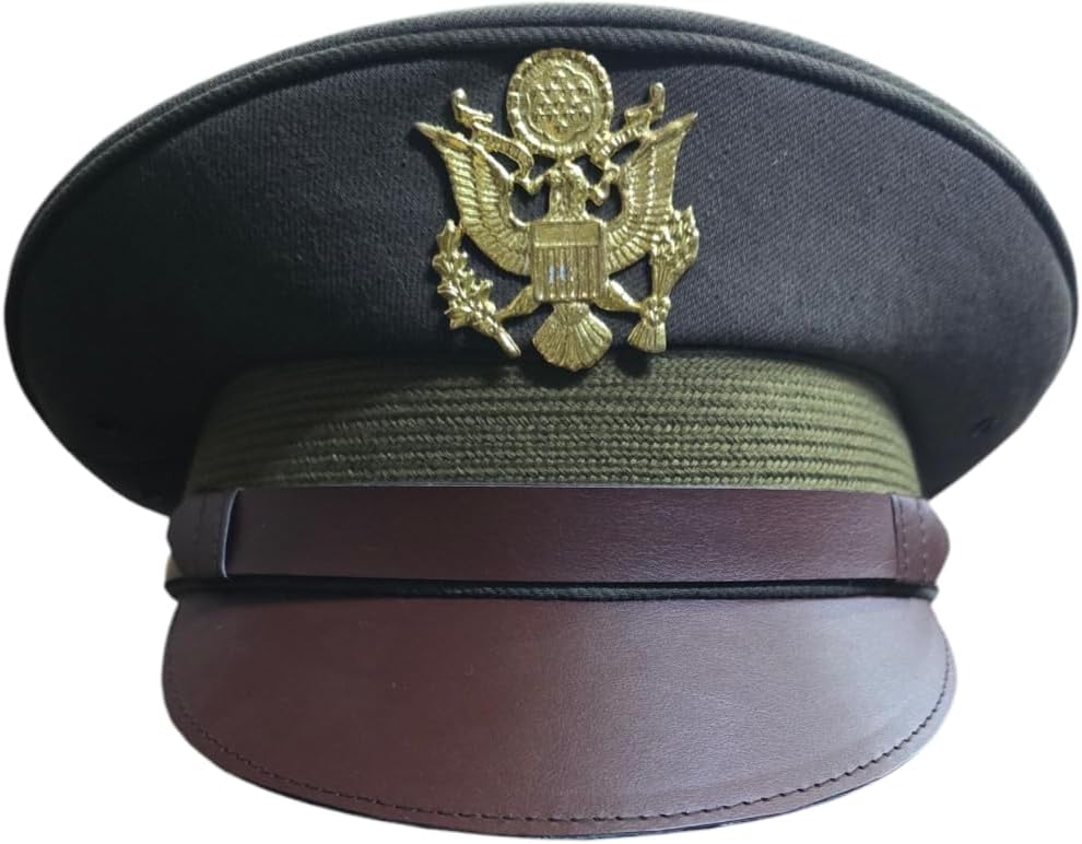 USA Army Crusher OD Khaki Cotton 58cm Officer Peak Cap with Gold Plated Metal Badge