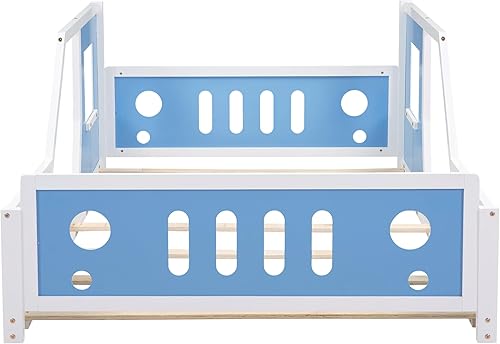 Miniatura 7 de SOFTSEA Cama Montessori de tamaño matrimonial con valla y puerta, plataforma de madera con ruedas para niños y niñas, soporte de listones de madera,