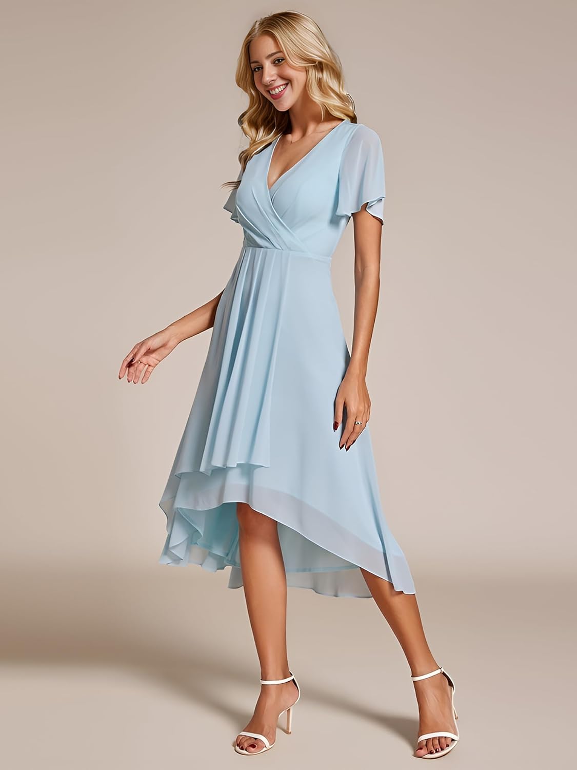 Ever-Pretty Women's Spring Chiffon Semi Formal Dresses V Neck Ruffle Sleeves High Low Cocktail Dress for Wedding Guest 2084 - Image 3