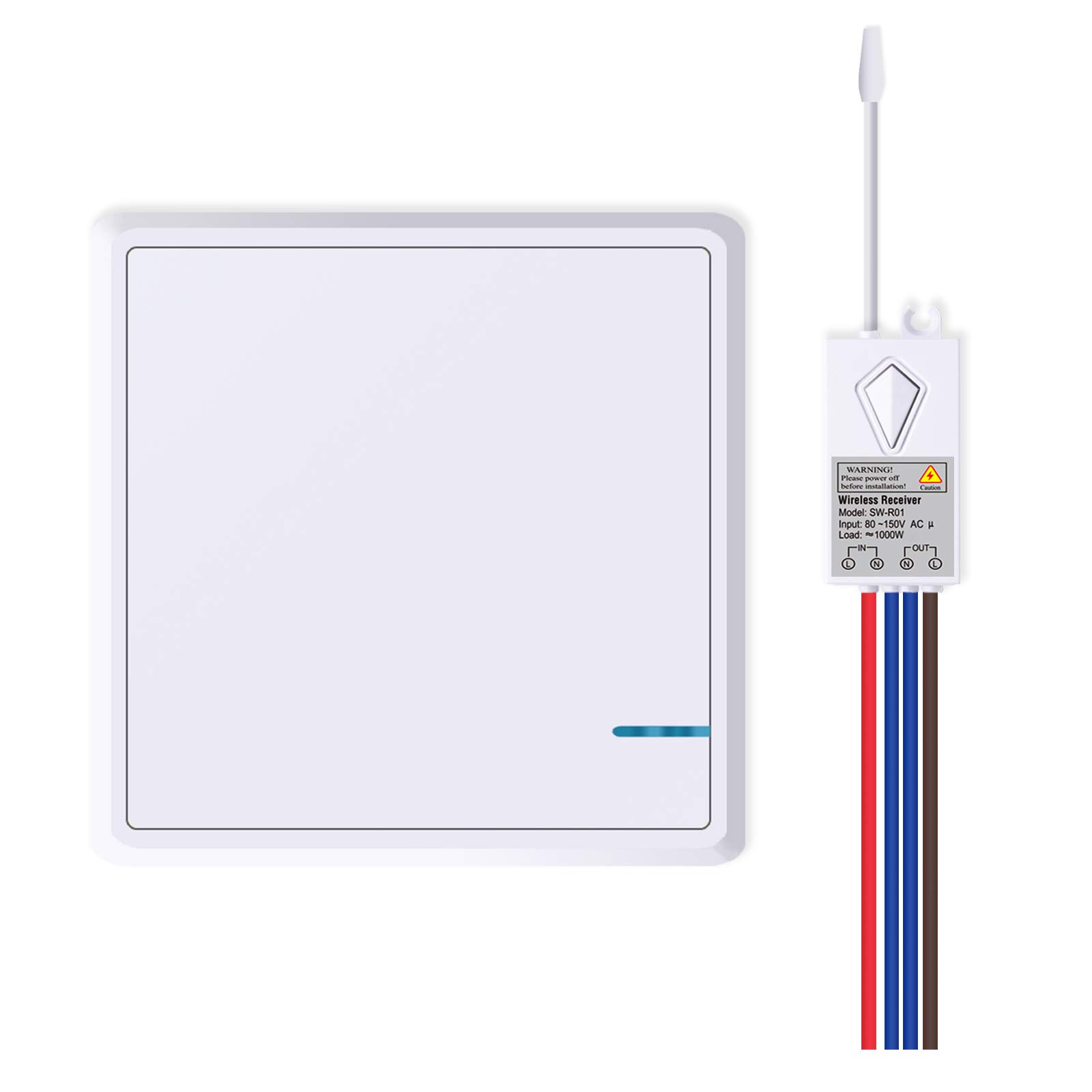 1 110V Receiver + White 1 Way Wireless Light Switch and 1 110V Receiver Kit Outdoor 1900 ft Indoors 229 ft - Remote Control - IP54 Waterproof