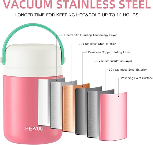 Miniatura 2 de FEWOO Termos de comida, contenedor aislado de 20 onzas para almuerzo y sopa para alimentos fríos y calientes, para niños y adultos, tarro de