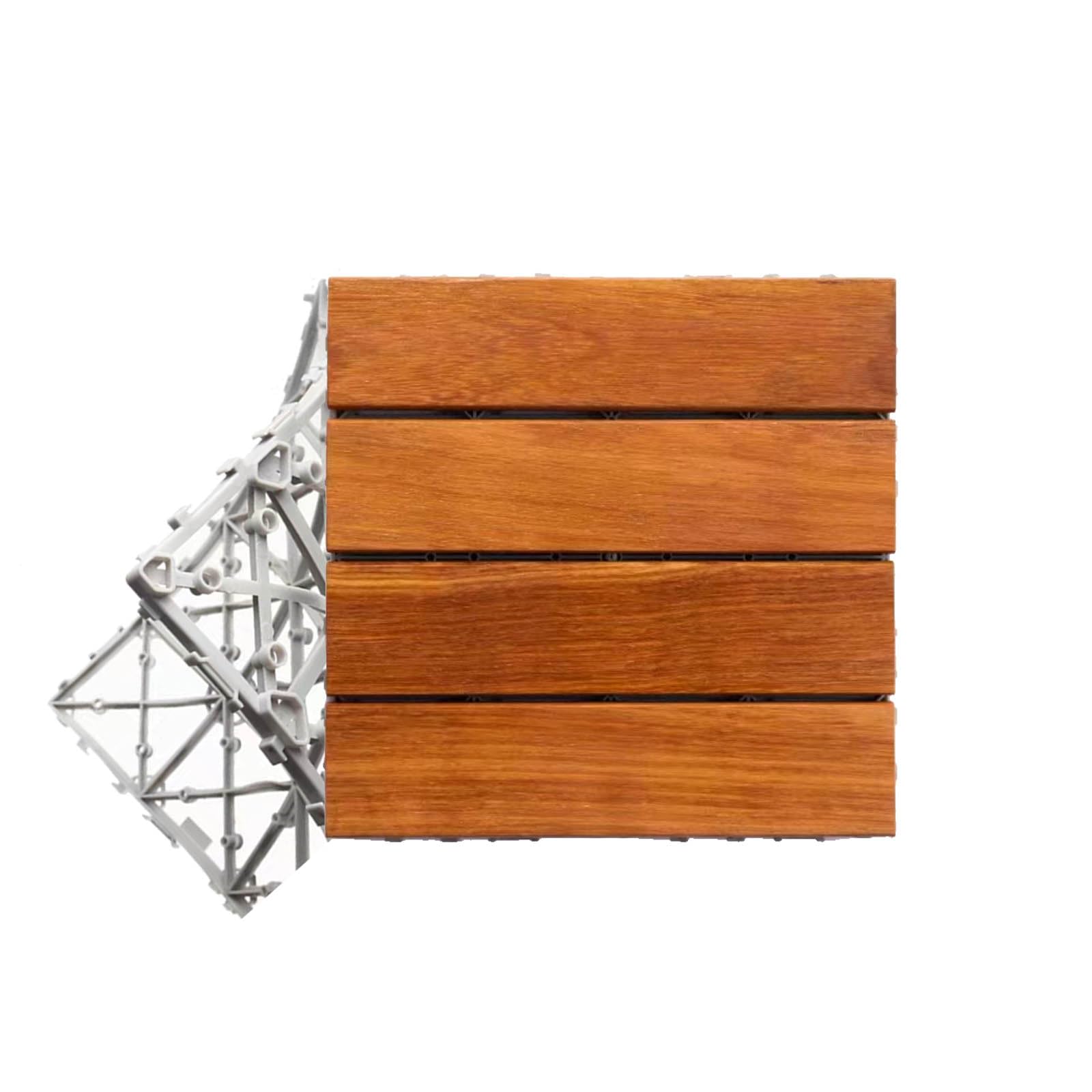 Hardwood Patio Tiles, Set of 11 Real Wood Tiles with Click System Drainage Balcony Tiles with for Outdoor Garden Balcony Roof 30 x 30 x 2.7 cm A