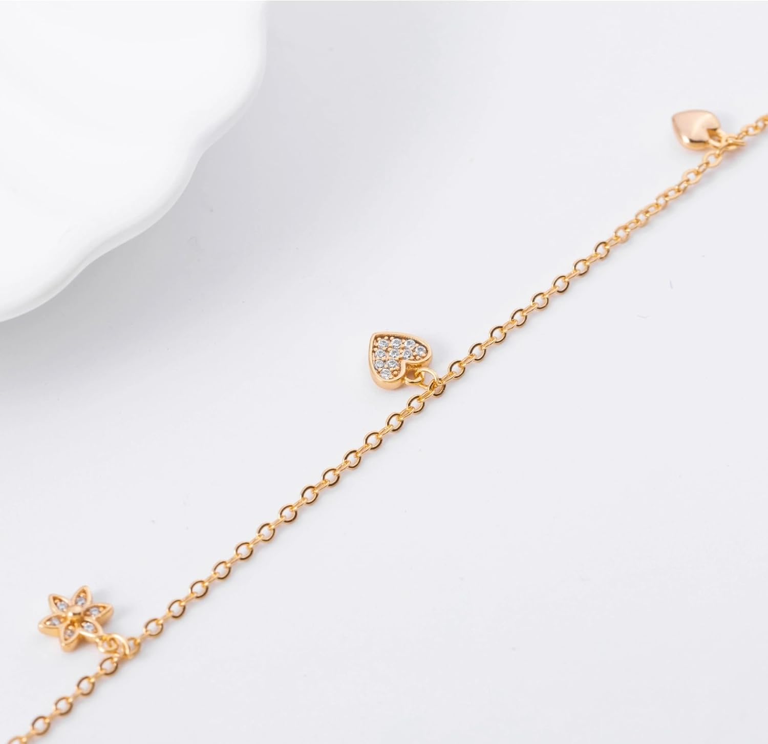 Rose Gold Plated Charm Bracelet with Cubic Zirconia Heart and Star Pendants, Adjustable 6.7-Inch Copper O-Link Chain with 1.1-Inch Extender, Elegant Women's Fashion Jewelry - Image 5