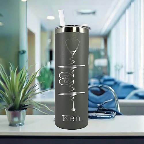 Miniatura 2 de Heartbeat Nurse's Personalized Laser Engraved 20 oz Stainless Steel Skinny Tumbler with Custom Stethoscope by Avito - Includes Straw and Lid - Nurse