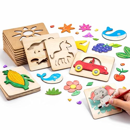Clapjoy Wooden Stencil Art & Craft Kit for Kids (20 Pieces) | DIY Drawing & Coloring Set with Crayons, Watercolor Pens & Pencil Colors | Art Gift for Boys & Girls Ages 3,4,5,6,7,8,9