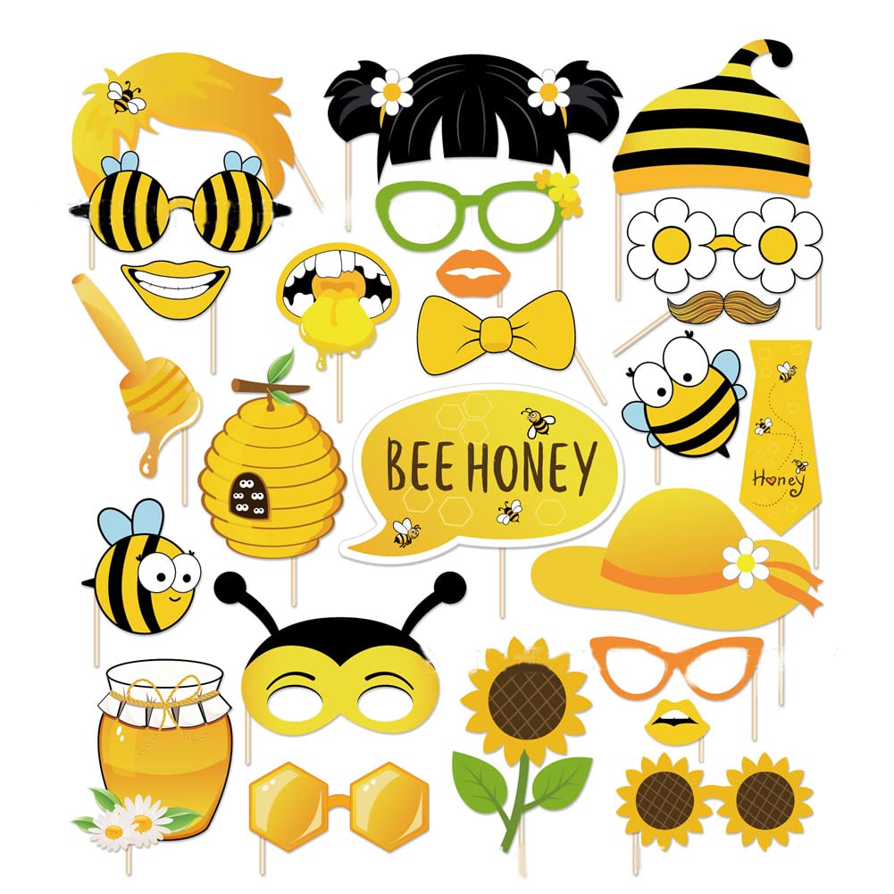 Dusenly 25pcs Yellow Bumble Bee Photo Booth Props Kit for Bee Birthday Baby Shower Bumble Bee Themed Parties Decoration