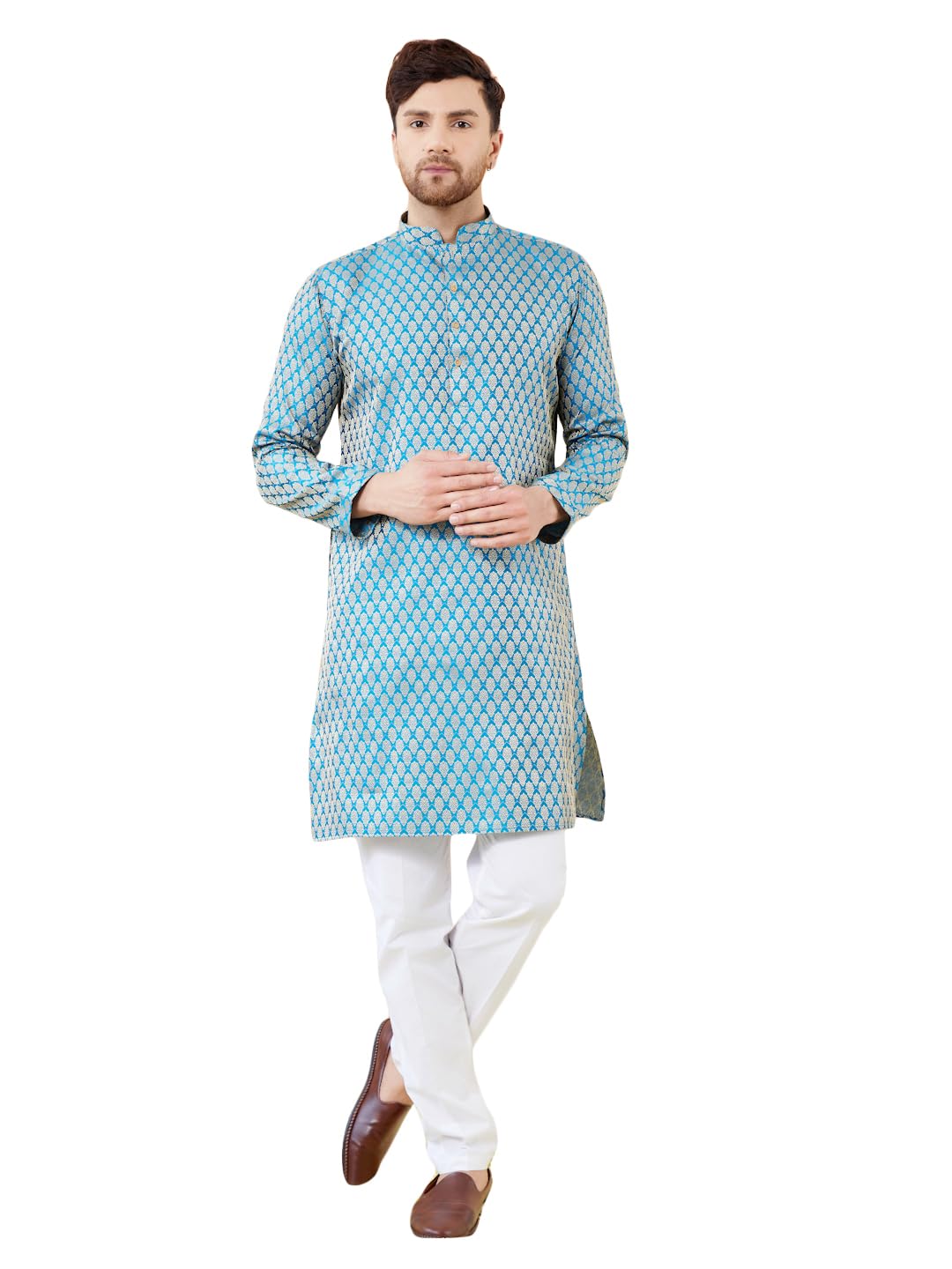 Men Full Sleeve Sleeve Side Slit Mandarin Collar Ethnic Motifs Silk Jacquard Woven Design Straight Kurta with Pyjama-image-40