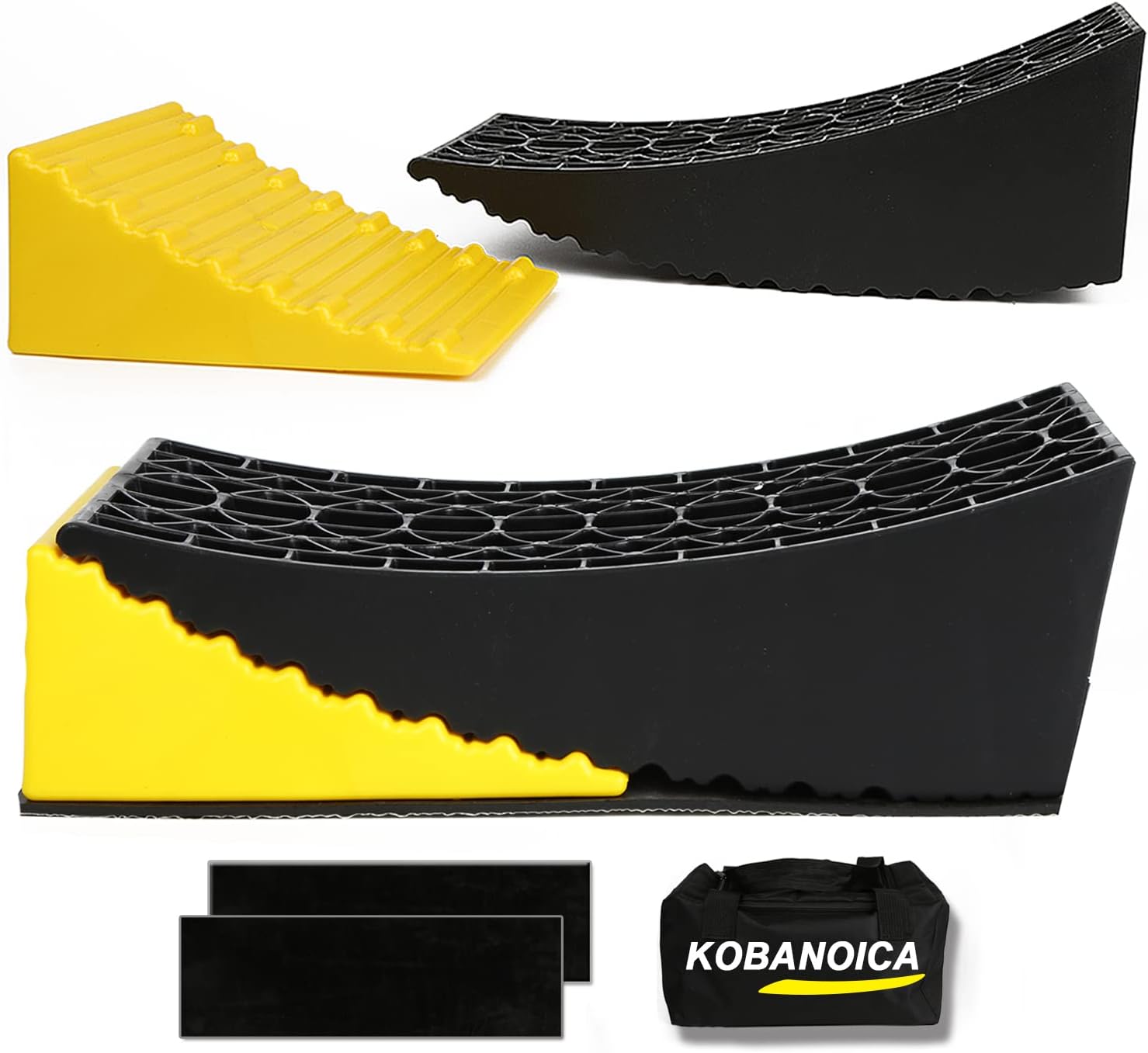 KOBANOICARV Leveling Blocks,Camper Trailer Leveler 2 Packs,Includes RV Curved Leveler Ramp,Wheel Chock,Rubber Mat and Carry Bag,Upgrade RV Leveling System for Motorhome,5th Wheels