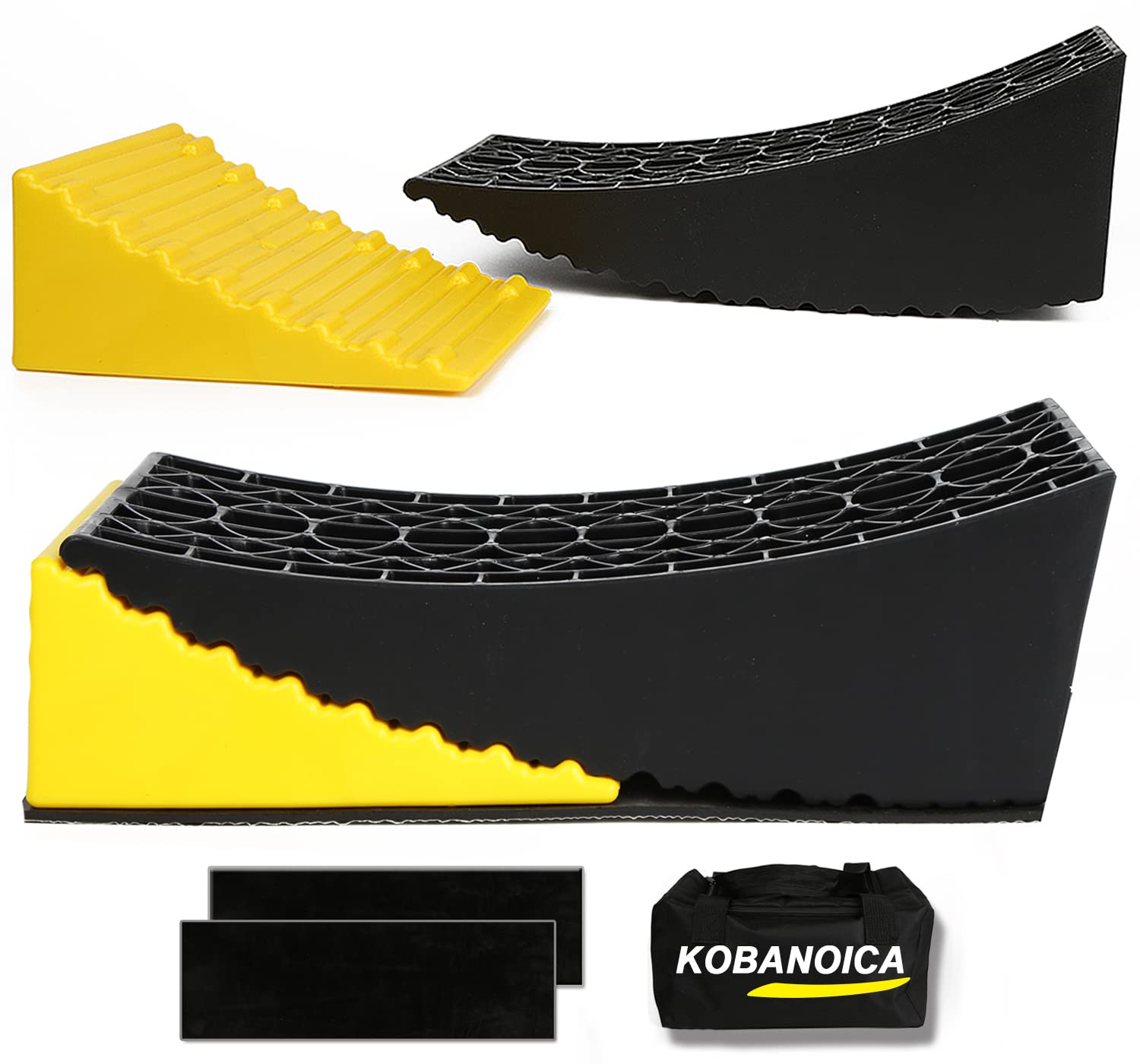 KOBANOICARV Leveling Blocks,Camper Trailer Leveler 2 Packs,Includes RV Curved Leveler Ramp,Wheel Chock,Rubber Mat and Carry Bag,Upgrade RV Leveling System for Motorhome,5th Wheels