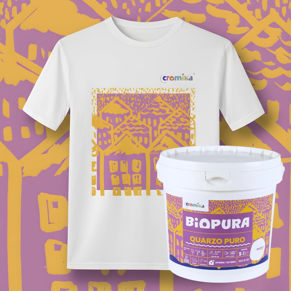 Kit Pittura Murale Quarzo Puro 5L con T-Shirt Smiling Houses, Bianco, Finitura Opaca, Cotone, Taglie S-M-L-XL, Design Pop Art (M)