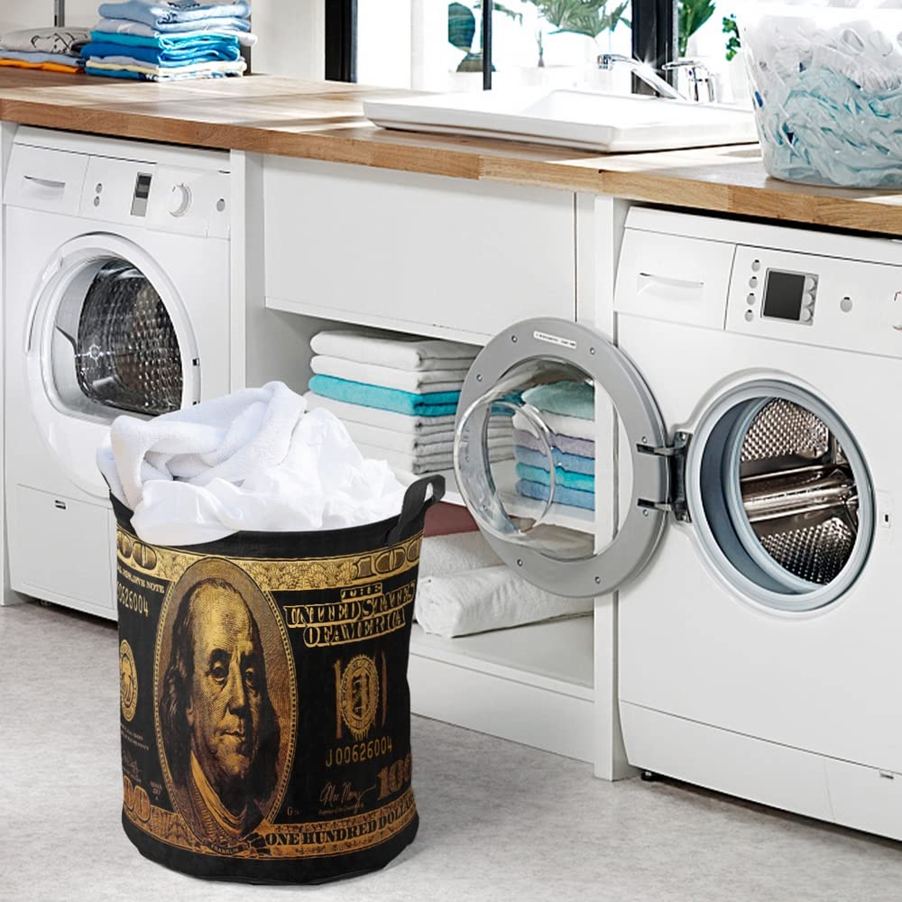 Reateforin Black Gold 100 Dollar Bills Large Laundry Basket for Mens Waterproof Freestanding Laundry Hamper for Laundry Cool Collapsible Tall Clothes Hamper with Handles for Clothes Toys 19.7