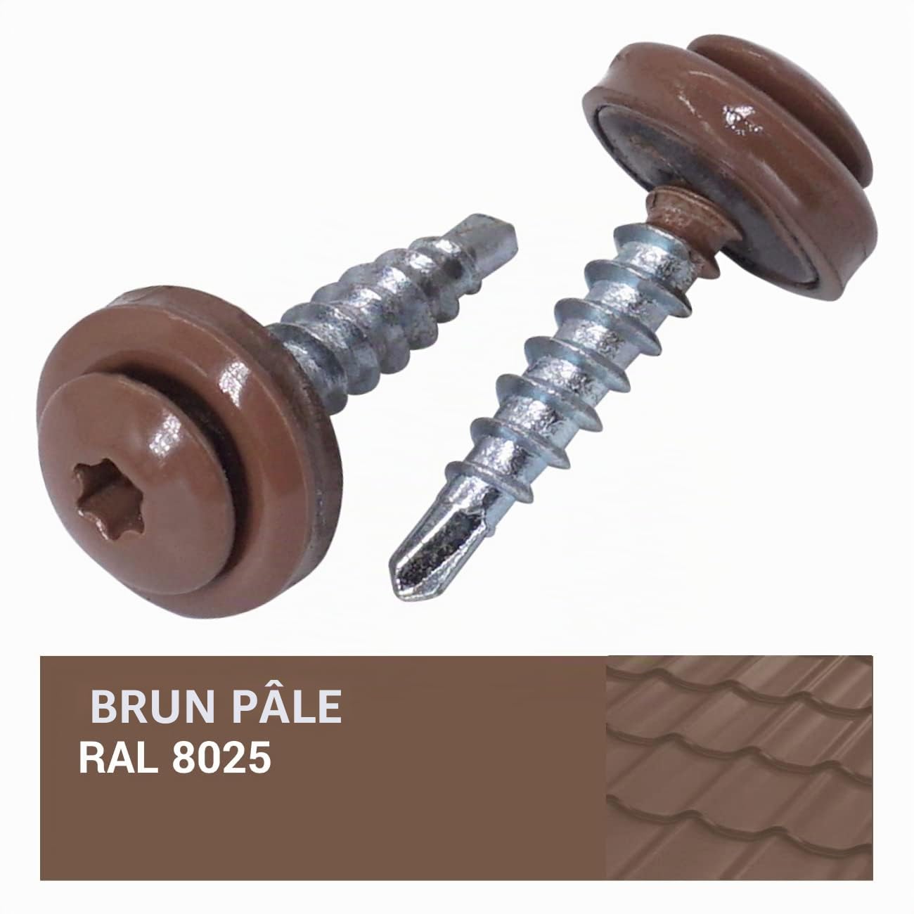 SKIR'CO Lot de 200 vis de toiture autoforeuses peintes avec rondelles EPDM Tête Torx Marron pâle RAL 8025 4,8 x 28 mm