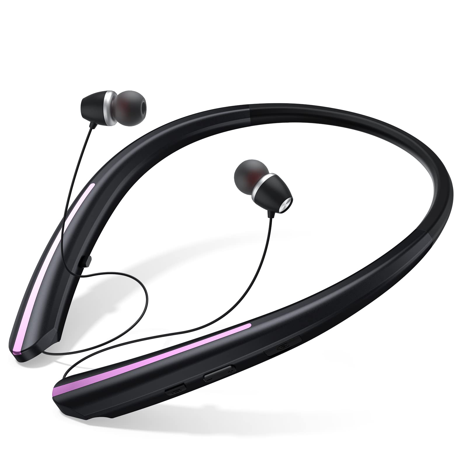 Wireless Neckband Bluetooth Headphones with Retractable Earbuds, IPX5 Sweatproof, Microphone, Vibration Call, Stereo Noise Cancelling Earphones for Sports and Driving (Black Pink)
