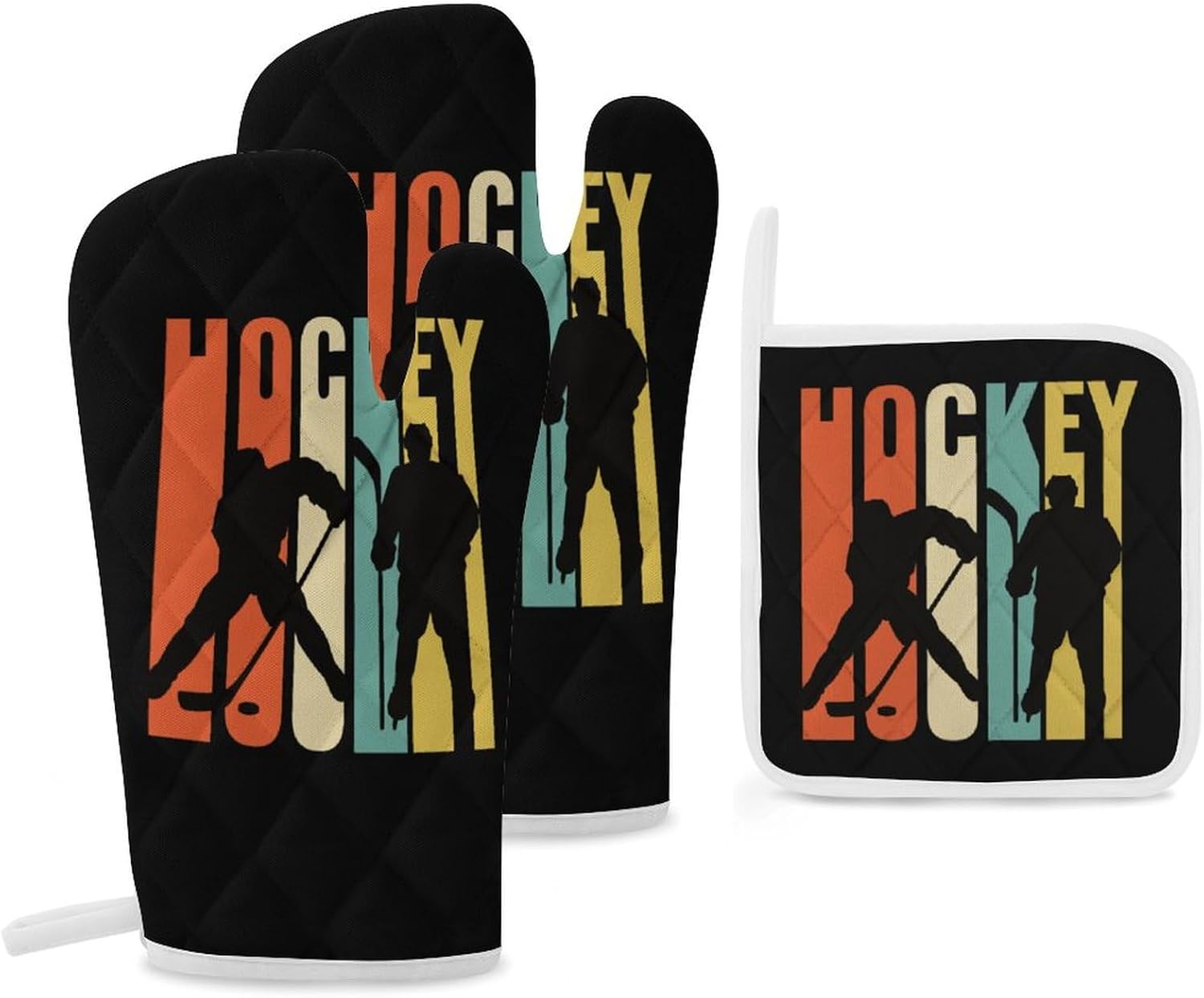 Ice Hockey Players Print Oven Mitts and Pot Holders 3 Piece Sets Heat Resistant Gloves Hot Pads Potholders for Kitchen Baking Cooking