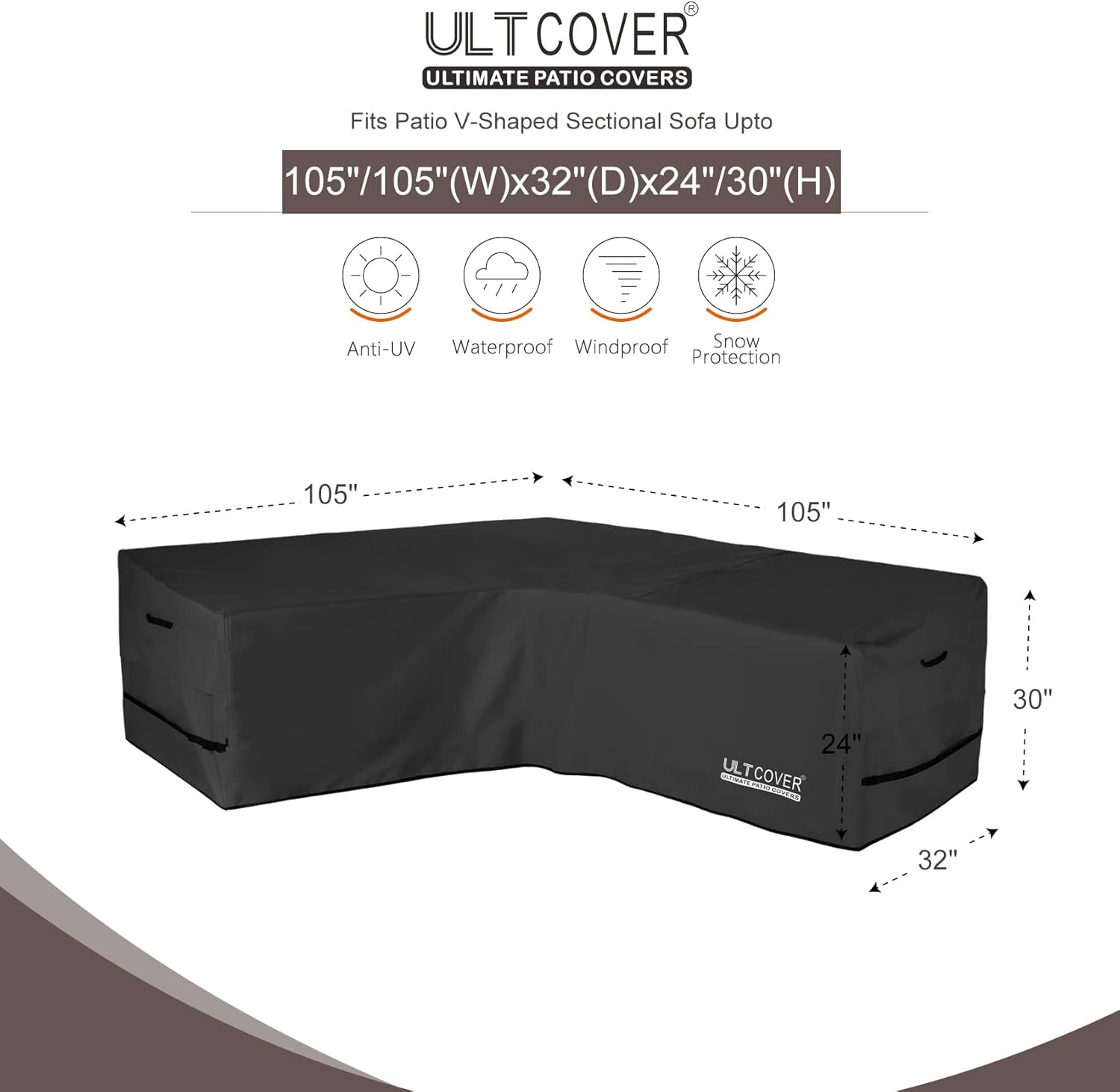 ULTCOVER Patio V-Shaped Sofa Cover Waterproof for 7-Seater Outdoor Sectional Furniture Couch 105 inch Wide, Black
