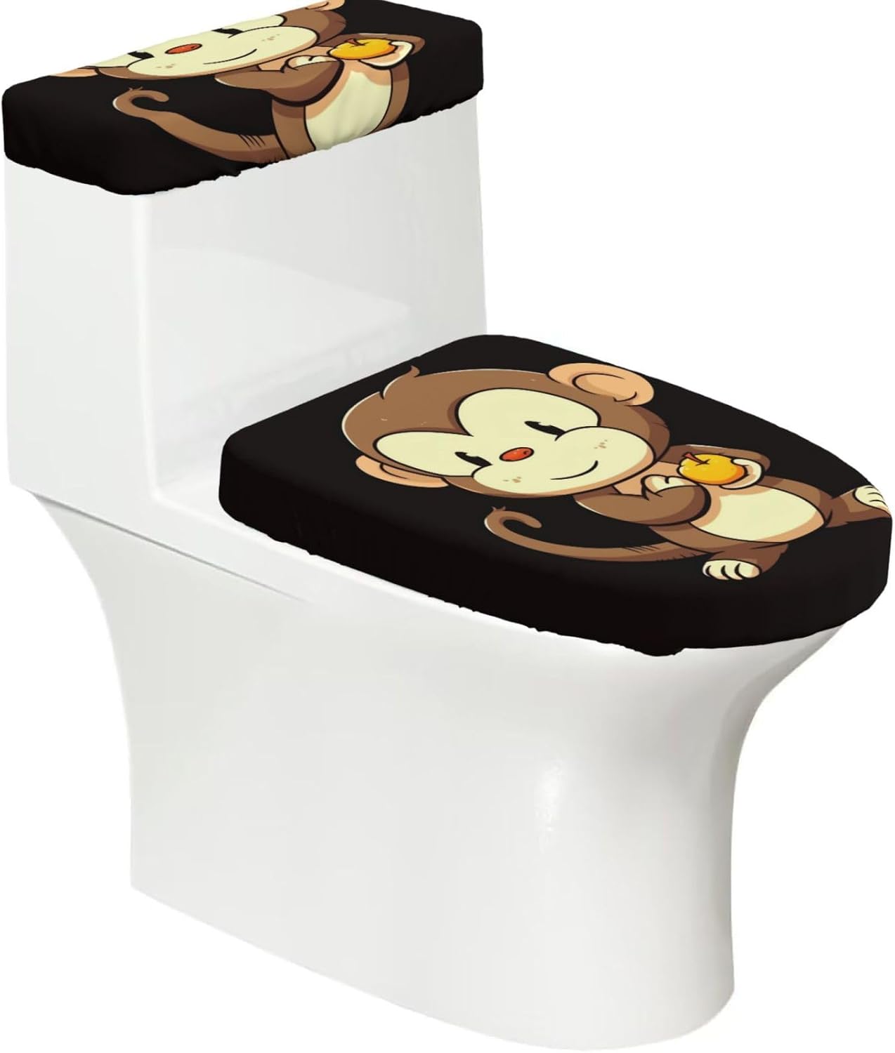 2 Pcs Toilet Lid Cover and Toilet Tank Lid Cover, Washable Toilet Cover with Elastic Bottom Replacement Soft Stretch Toilet Seat Cover Set Cartoon monkey holding fruit Bathroom Decor