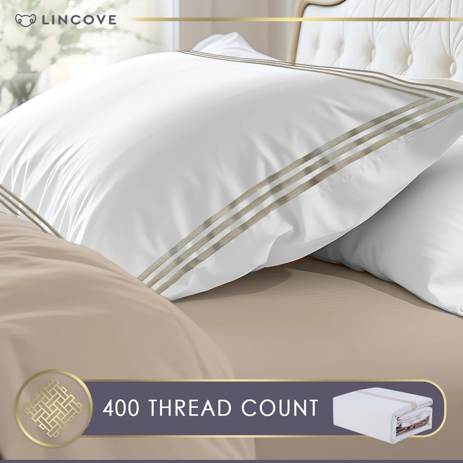 Lincove 100% Cotton Duvet Cover King Size - 400 Thread Count Soft White Duvet Cover with 2 Pillow Shams and 1 Fitted Sheet - Almeria Style Comforter Cover with Button Closure & Corner Ties -90" x 106"