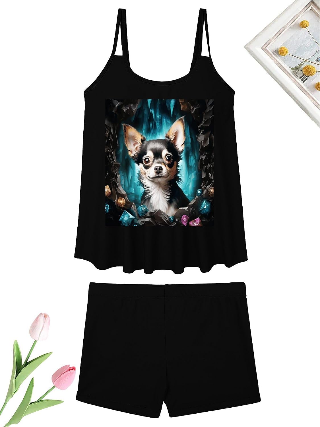 Gem Cave Chihuahua Tankini Swimsuits for Women Tummy Control Two Piece Bathing Suits Swim Tops with Boy Shorts