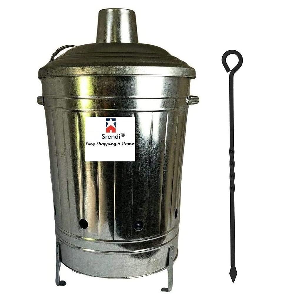 Srendi® Small Medium Large 15L 60L 90L Litre Metal Galvanised Garden Incinerator Fire Bin Burning Leaves Paper Wood Rubbish Dustbin Shovel and Poker Made in U. K. (60L INC+Poker)